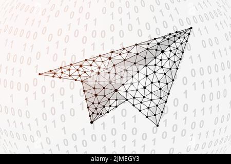 Papierflugzeug 3D Low-Poly-Symbol mit binärem Code Hintergrund. Vektorgrafik Reisedesign. Polygonales Flugsymbol mit verbundenen Punkten Stock Vektor