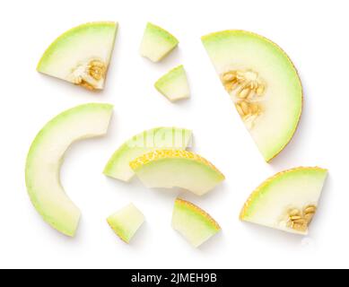 Galia Melon Stücke Isoliert Auf Weißem Hintergrund Stockfoto