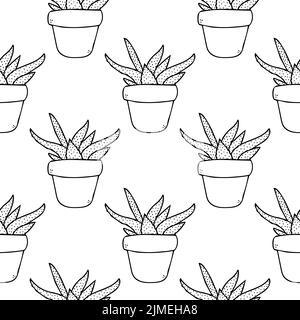 Kaktus nahtlose Muster Vektor-Linie Kunst. Hübsch schwarz Sukkulente in Topf Illustration. Mexikanische Hauskakteen im Blumentopf Stock Vektor