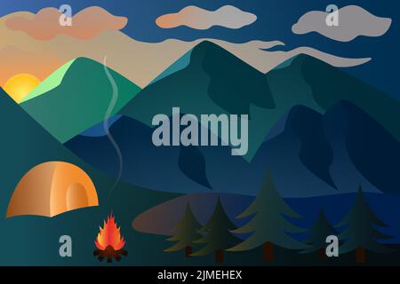 Sonnenuntergang. Berglandschaft. Camping am See. Malerische Vektordarstellung an der frischen Luft. Neben dem Zelt steht ein Lagerfeuer. Stock Vektor