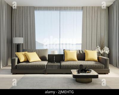 Dunkles Sofa mit hellgelben Kissen und Fenster mit grauen Vorhängen, Wohnzimmerinnenausstattung, 3d-Rendering Stockfoto