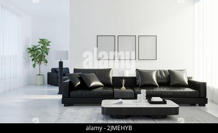 Leere Rahmen im modernen Wohnzimmer mit schwarzem Ledersofa, weißer leerer Wand, skandinavischem Stil, 3D Rendering Stockfoto