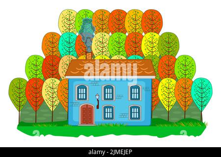 Haus und Bäume. Landhaus im Herbstwald.Herbstlandschaft mit ländlichem Häuschen, gelben und Orangenbäumen. Herbst saisonales Konzept.Vektor-Illustration Stock Vektor