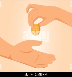 Hand Putting Münzen in der anderen Hand. Konzept von Sparen, Spenden, Bezahlen. Stockfoto