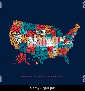 USA Karte Typografie. Vereinigte Staaten von Amerika Karte Typografie Kunst. UAS Karte Schriftzug mit allen Staaten Namen. Stock Vektor
