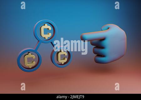 Schöne Illustrationen abstrakte Hand Zeigefinger zeigt auf Blockchain Coins Symbol-Symbol auf einem mehrfarbigen hellen Hintergrund. 3D Rendering-Illustration Stockfoto