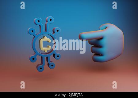 Schöne Illustrationen abstrakte Hand Zeigefinger zeigt auf Blockchain Token Symbol Symbol Symbol auf einem mehrfarbigen hellen Hintergrund. 3D Rendering-Illustration Stockfoto