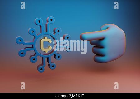 Schöne Illustrationen abstrakte Hand Zeigefinger zeigt auf Blockchain Token Symbol Symbol Symbol auf einem mehrfarbigen hellen Hintergrund. 3D Rendering-Illustration Stockfoto