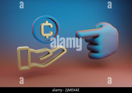 Schöne Illustrationen abstrakte Hand Zeigefinger zeigt auf Münze Hand Token Symbol-Symbol auf einem mehrfarbigen hellen Hintergrund. 3D Rendering-Illustration. Stockfoto