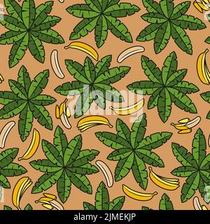 Nahtloses Muster mit Handflächen und Bananen. Tropischer Vektorhintergrund mit isolierten Objekten auf Sand. Stock Vektor