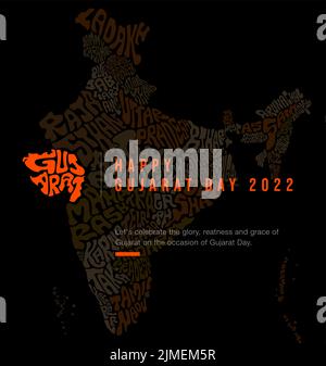Happy Gujarat Day 2022 Grüße mit gujarat-Kartenbeschriftung. Indische Staaten und leuchtende Gujarat Karte Typografie. Stock Vektor