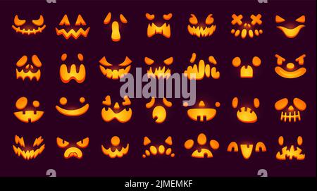 Leuchtende Kürbisgesichter. Glow Augen und Zähne Mund von unheimlichen halloween Kreaturen, Jack-o-Laterne geschnitzt gruseliges Gesicht oder Lächeln Kürbisse emoji Smiley, geniale Vektor-Illustration von halloween Lächeln Zähne Stock Vektor