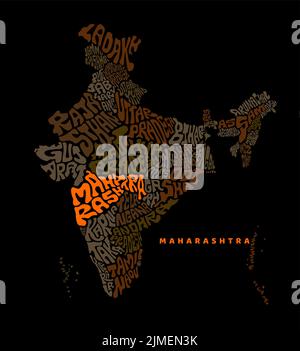 Maharashtra Kartenschriftzug mit Indien. Indien Karte Schriftzug mit prominenter Maharashtra Karte. Stock Vektor