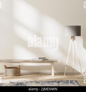 Modernes Wohninterieur, helles Zimmer mit Sonnenstrahlen, Wandgestaltung, 3D Rendering Stockfoto