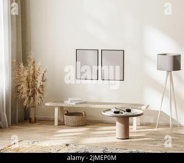Posterrahmen Mockup in skandinavisch minimalistischer Raumeinrichtung in neutralen Farben mit Möbeln, 3D Illustration Stockfoto