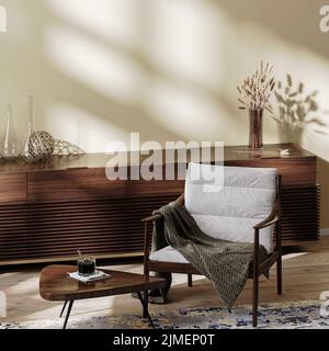 Wohnzimmerinnenraum, gemütlicher Sessel mit Couchtisch und Dekoration, Wohnumgebung, Wohninnenausstattung nachgestellt, 3D Rendering Stockfoto