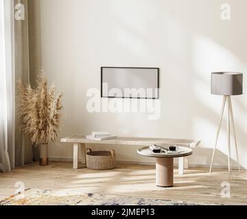 Rahmenmodell in skandinavisch-minimalistischer Raumeinrichtung in neutralen Farben mit Möbeln, 3D Illustration Stockfoto