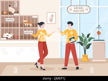 Tierheim Cartoon Illustration mit Tieren sitzen in Käfigen und Freiwilligen Fütterung Tiere für die Annahme in Flat Hand Drawn Style Design Stock Vektor