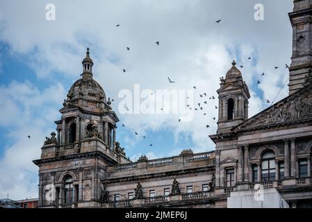 Die Stadtkammern von Glasgow im viktorianischen Stil und im Beaux-Stil mit Vögeln, die am Himmel darüber fliegen Stockfoto