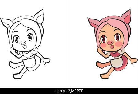 Ein Vektor-Design eines niedlichen Schwein Mädchen Cartoon Illustration Stock Vektor