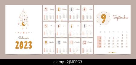 Kindlicher Kalender 2023 mit handgezeichneten Zahlen. Woche ab sonntag. Druckbereit. Niedliche Doodle-Elemente im Boho-Stil. Flaches Cartoon Wandbild Stock Vektor