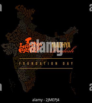 Happy Madhya Pradesh Foundation Tag Grüße mit Karte Illustration. Madhya Pradesh Typografie-Karte und Indien-Karte. Stock Vektor