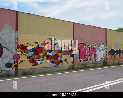 Eine Lärmschutzwand mit bunten Graffitti auf der Darmstadt-Frankfurt Radstrecke, Abschnitt Egelsbach, Deutschland Stockfoto