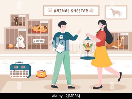 Tierheim Cartoon Illustration mit Tieren sitzen in Käfigen und Freiwilligen Fütterung Tiere für die Annahme in Flat Hand Drawn Style Design Stock Vektor