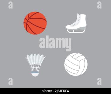 Eine Vektordarstellung eines Basketballballs, Schlittschuhe, eines Badminton-Federballs und eines Volleyballs Stock Vektor
