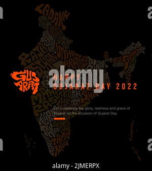 Happy Gujarat Day 2022 Grüße mit Gujarat-Kartenbeschriftung. Indische Staaten und leuchtende Gujarat Karte Typografie. Stock Vektor