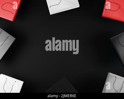 Bunte Papier Einkaufstaschen auf schwarzem Hintergrund oben Winkel Ansicht. Shopping-Konzept. Black friday Verkauf und Urlaub Verkauf Konzept. 3 Stockfoto
