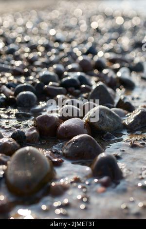 Steine am Strand der polnischen Ostseeküste bei Kolobrzeg bei Sonnenuntergang im Gegenlicht Stockfoto