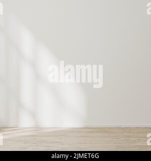 Leeres Wandmodell, leerer Raum mit weißer Wand mit Sonnenlicht und Schatten, Holzboden, 3D Abbildung Stockfoto