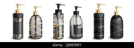 Kosmetikflaschen Mockup, schwarze Kunststoffröhrchen mit goldenem Dekor und Glitzer. Kosmetikbehälter mit Spenderpumpe, Pakete für Flüssigseife, Shampoo, Lotion Beauty-Produkt, realistische 3D Vektor-Set Stock Vektor