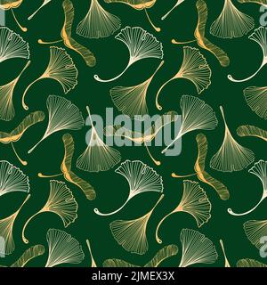 Ein nahtloses Ginkgo- und Ahornblatt-Muster im Sketch-Stil. Orangefarbene Blätter auf einem dunkelgrünen Hintergrund. Blätter in Form eines Entenfußes. Herbst. Myst Stock Vektor