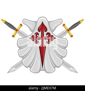 Marianisches Muschelvektordesign mit dem Kreuz des Apostels Santiago, Symbol des Jakobswegs, Kreuz des Ordens von Santiago Stock Vektor