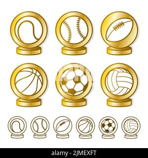 Set von goldenen Trophäe und Auszeichnungen Cartoon Sportball Symbole - Vektor-Illustration Stock Vektor