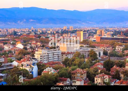 Sonnenaufgang Panorama der Stadt Plovdiv, Bulgarien Stockfoto