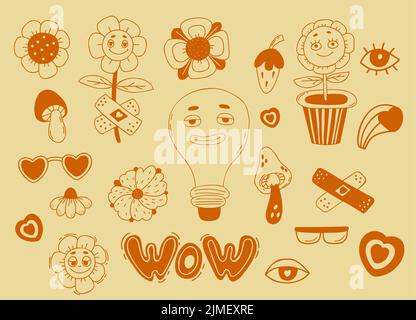 Retro-Groovy-Elemente. Lustige Comic-Figuren mit Gesichtern funky Flower Power mit Patch, Blumentopf, Glühbirne, Herz und Augenbrille, Pilze. Vec Stock Vektor