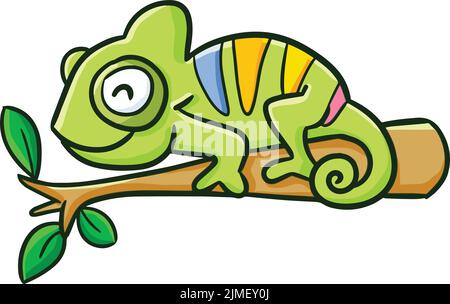 Ad niedlichen grünen Chamäleon lächelt auf einem Zweig Stock Vektor
