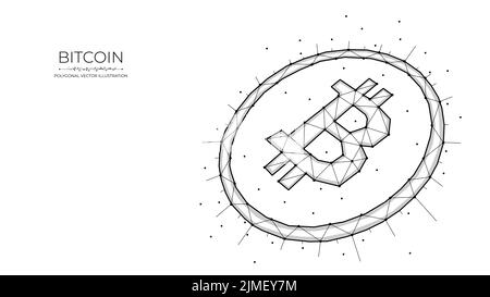 Polygonale Vektordarstellung von Bitcoin auf weißem Hintergrund. Kryptowährung Low-Poly-Design. Abstraktes digitales Banner, Vorlage o Stockfoto