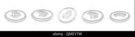 Satz Bitcoin-Münzen im polygonalen Stil auf weißem Hintergrund isoliert. Kryptowährung Low-Poly-Design. Abstraktes digitales Banner, t Stockfoto
