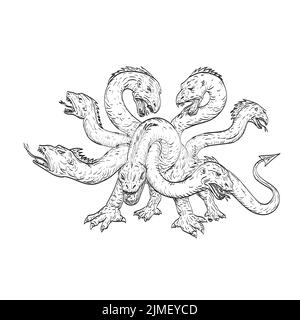 Herensuge ein mythischer Drache in der baskischen Mythologie mit sieben Köpfen in Form einer Schlangenzeichnung Stockfoto