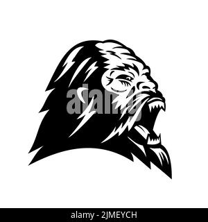 Kopf von Angry Bigfoot oder Sasquatch Mascot Black and White Retro Style Stockfoto