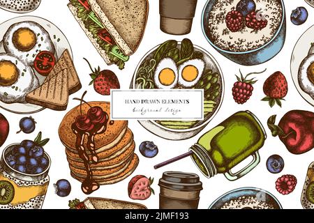 Frühstück nahtlose Muster Hintergrund-Design. Gravierte Ausführung. Handgezeichnetes Sandwich, Pfannkuchen, Schüssel mit Avocado, Haferbrei mit Beeren, Chia-Pudding Stock Vektor