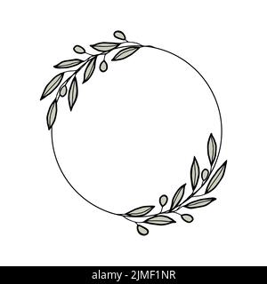 Olive Kranz skizziert Blumenrahmen.Vektor-Vorlagen für Einladungskarten, Save the Date rustikale handgezeichnete Illustration Stock Vektor