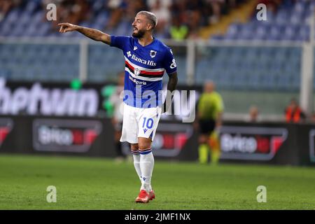 Genua, Italien. 5. August 2022. Francesco Caputo von uns Sampdoria Gesten während des Coppa Italia Spiels zwischen uns Sampdoria und Reggina 1914 im Stadio Luigi Ferraris am 5. August 2022 in Genua, Italien . Quelle: Marco Canoniero/Alamy Live News Stockfoto