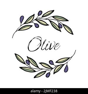 Olive Kranz skizziert floralen Rahmen.Vektor-Vorlagen für Einladungskarte, Save the Date, rustikale handgezeichnete Illustration Stock Vektor
