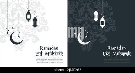 Eid Mubarak islamisches Design Halbmond und arabische Kalligraphie, Eid Mubarak oder Ramadan Kareem über islamisches Designkonzept mit Halbmond Stock Vektor
