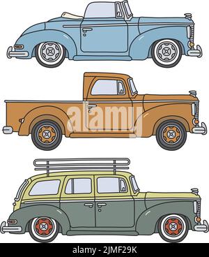 Die vektorisierte Handzeichnung von drei Retro-Fahrzeugen Stock Vektor